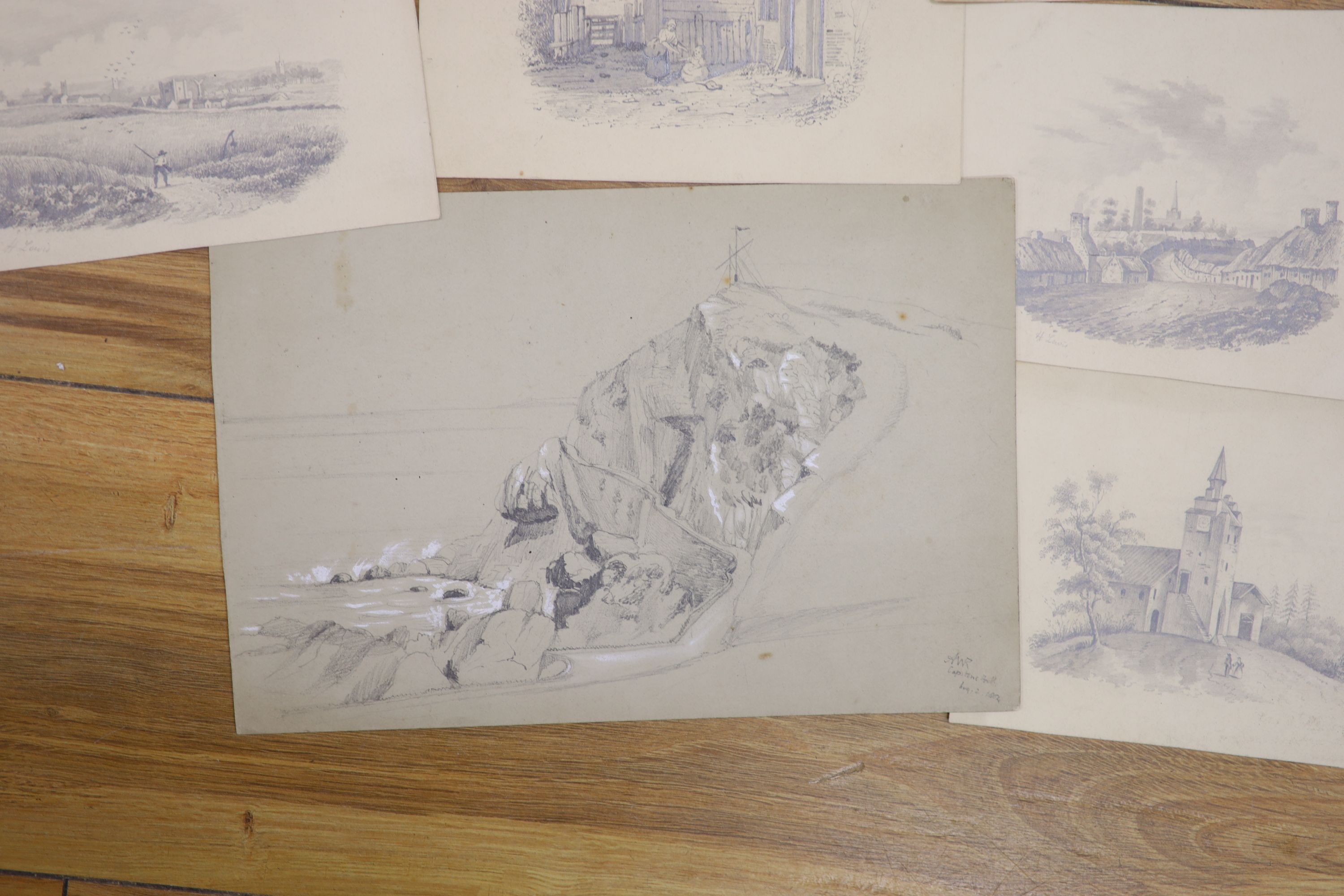 A group of assorted Victorian pencil topographical views, largest 28 x 20cm, unframed